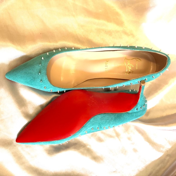 Red Bottom Suede Turquoise Spike Stilettos - Picture 9 of 15